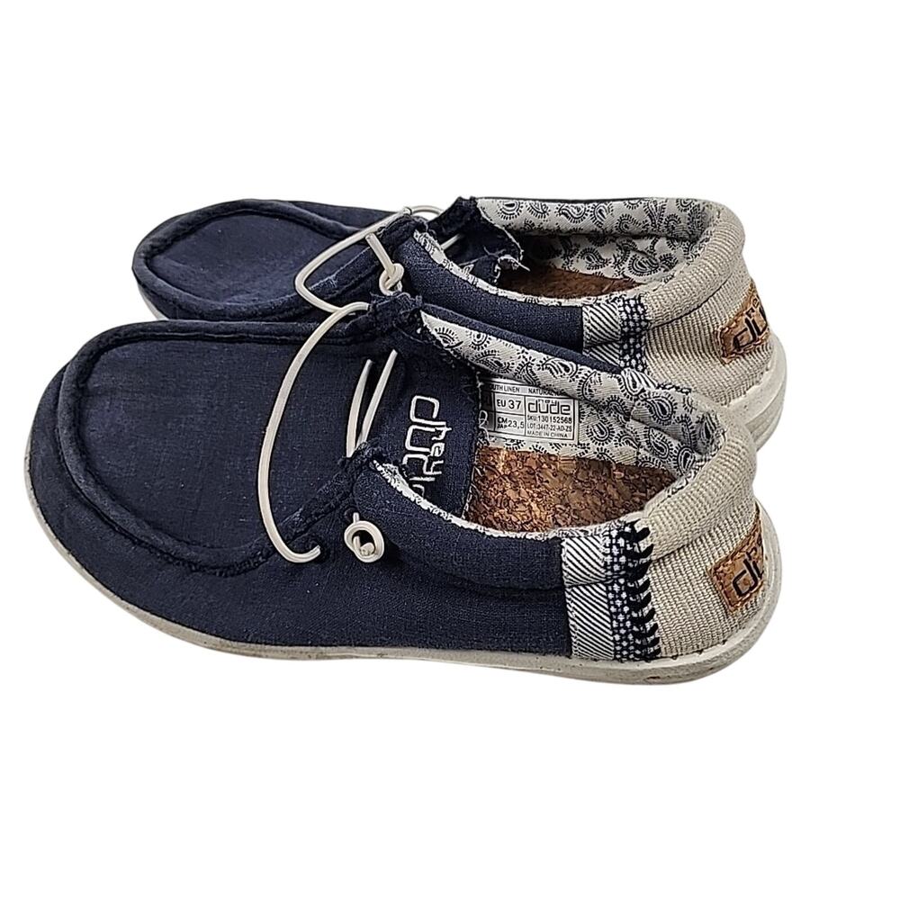 Hey Dude WALLY YOUTH Linen Natural Navy Round Toe Slip On Casual Shoe Sz Y5-L6